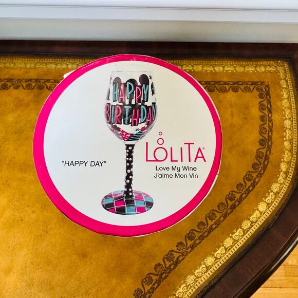 Lolita Happy Birthday Balloons Cake Rhinestone Handpainted Wine Glass 15 oz NEW - Picture 5 of 9